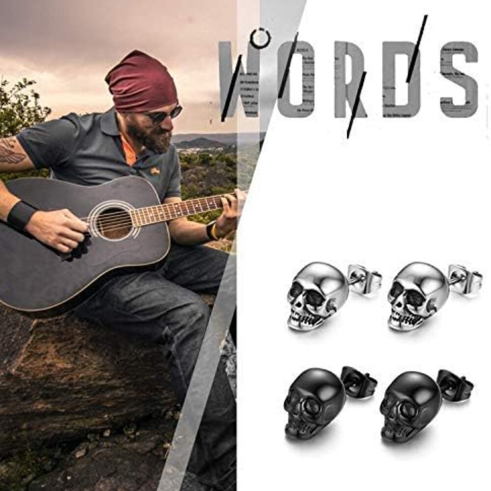 2 Pairs Punk Stainless Steel Stud Skull Earrings, Mens Silver Black Rock Ear Pie View 5